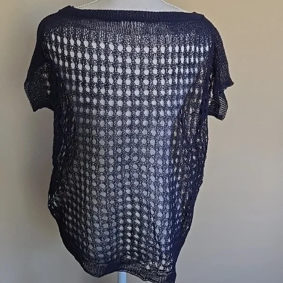 Anthropologie Little Yellow Bird Open Knit Pullover Crochet Top Navy EUC - XS - Picture 4 of 8